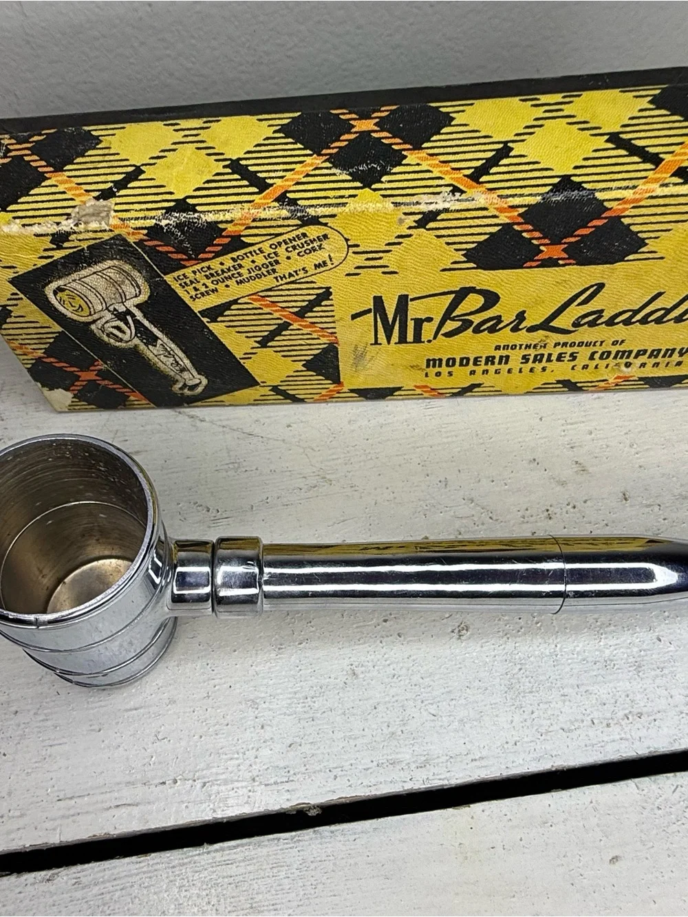 Vintage Mr. Bar Laddie Jr. Jigger, Ice Hammer, Bottle Opener, Corkscrew with box